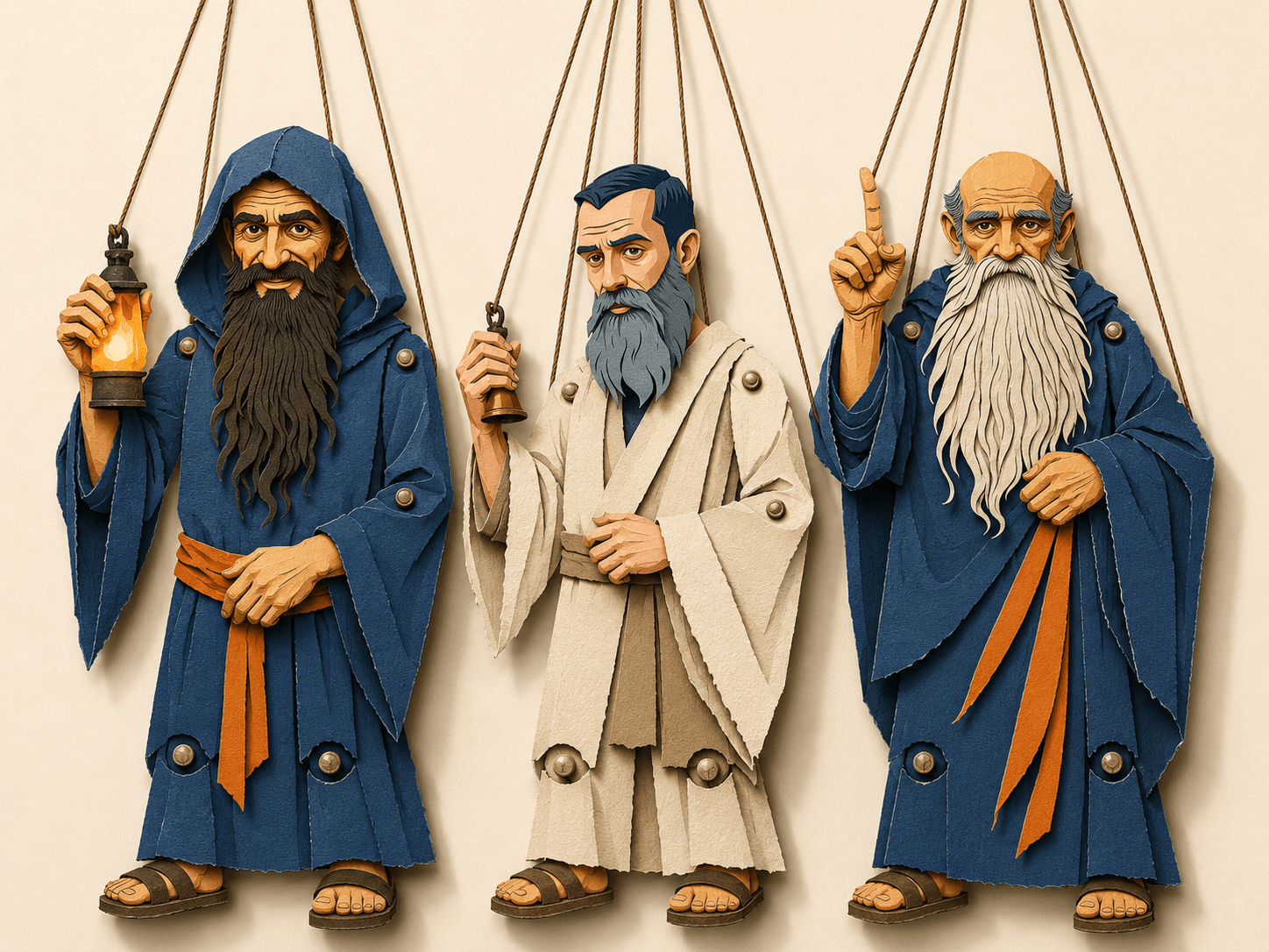 Tres filósofos representados como marionetas dialogan sobre la conciencia